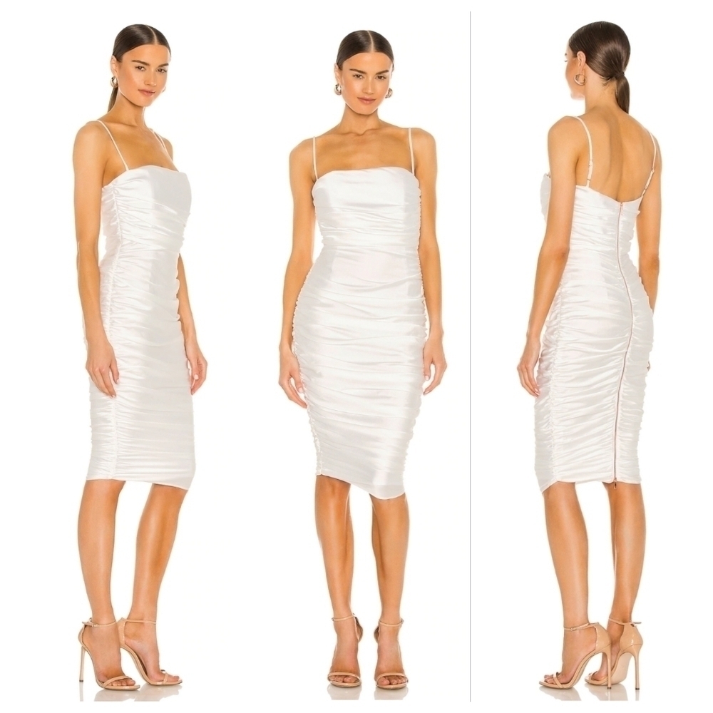 NEW NOOKIE x REVOLVE Cooper White Ruched Bodycon Spaghetti Strap Midi Dress